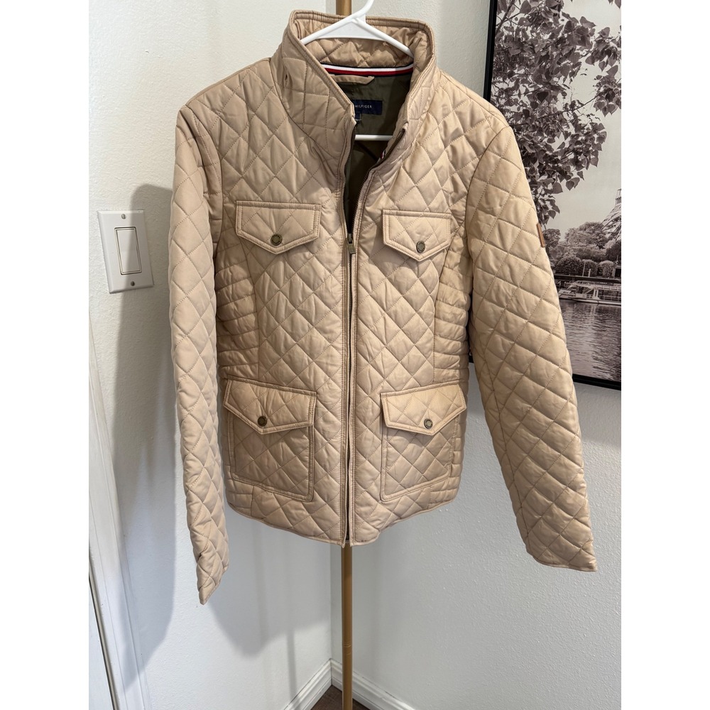 Tommy Hilfiger Quilted Utility Jacket Beige Snap‎ Pocket Stand Collar Women's M